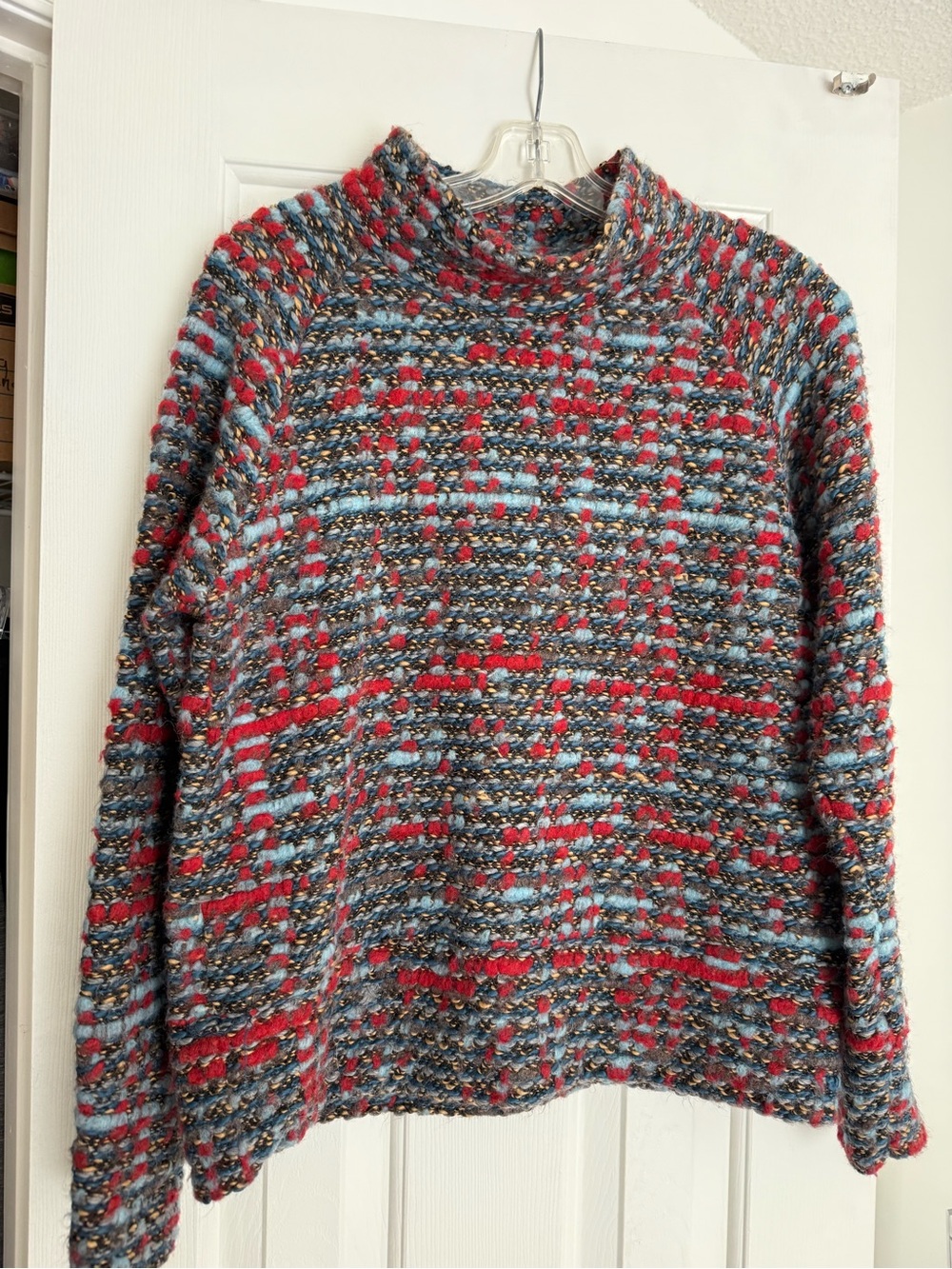 Handmade Multicolor Bouclé Knit Sweater - Red & Blue